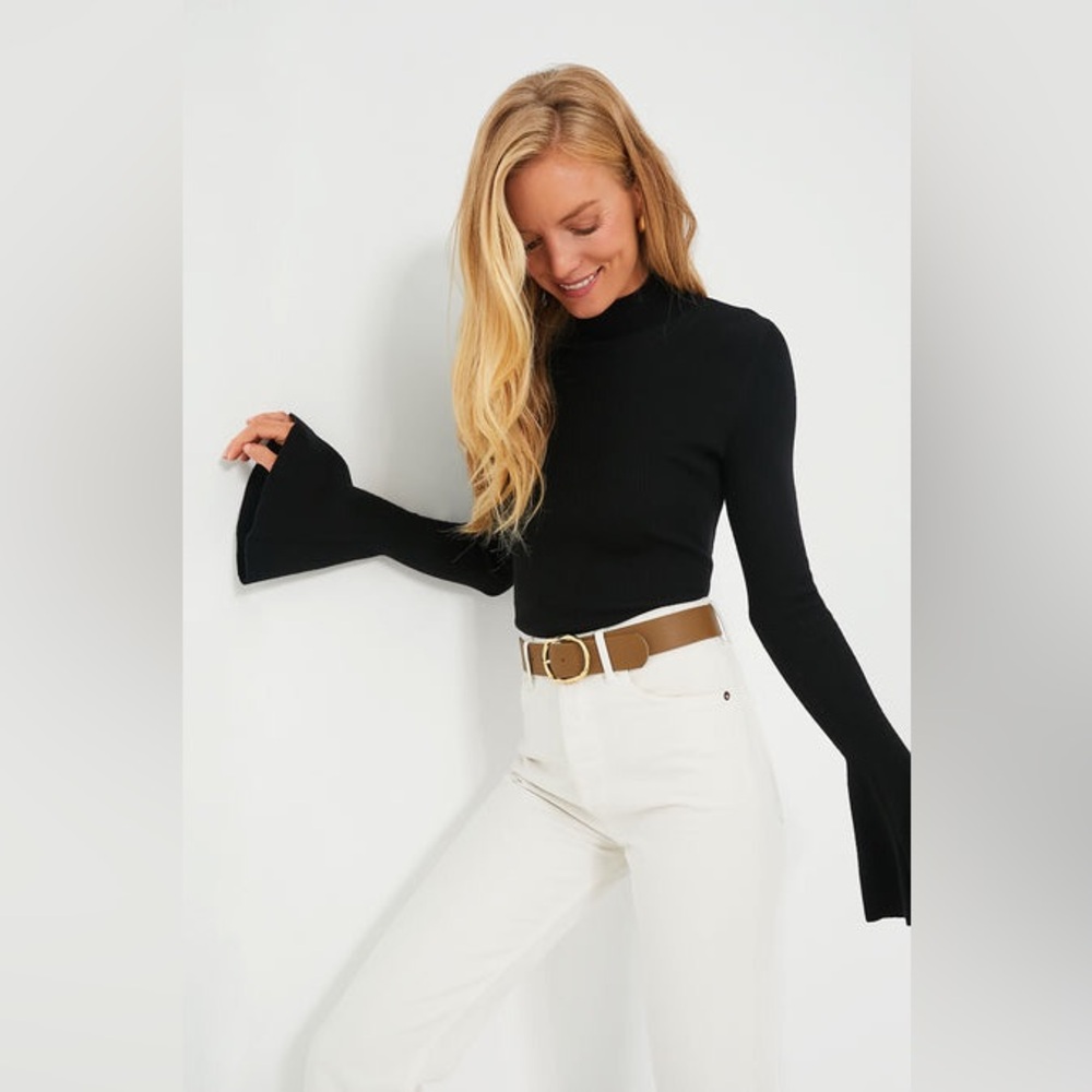 Caroline Constas Black Bell-Sleeve Ribbed Turtleneck Sweater